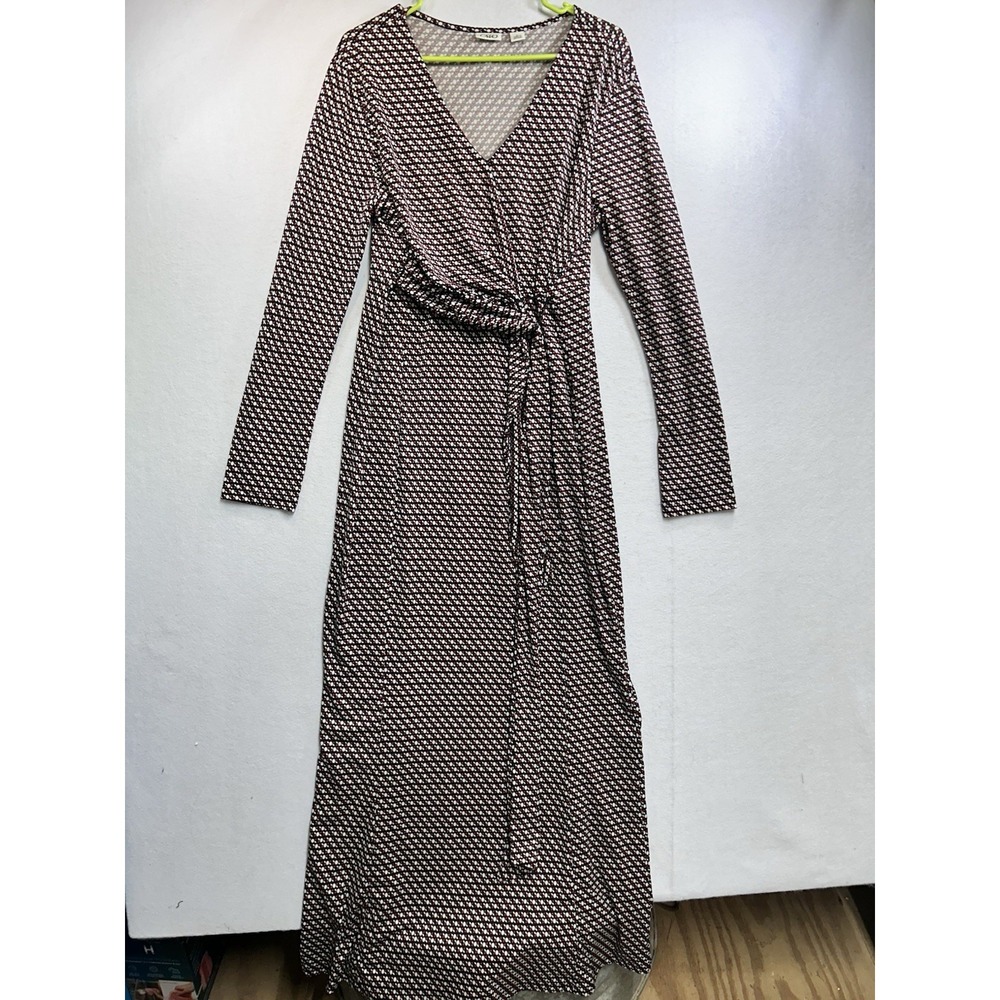 Cato Women's Large Black White Red Geometric V-Neck Wrap Maxi Dress Tie Front